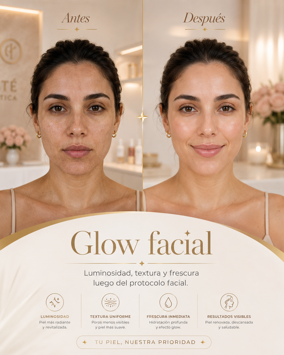 Antes y después de tratamiento Glow facial